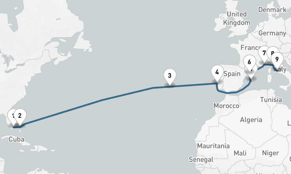 16 days, one-way from Miami to Civitavecchia-Rome 17日間