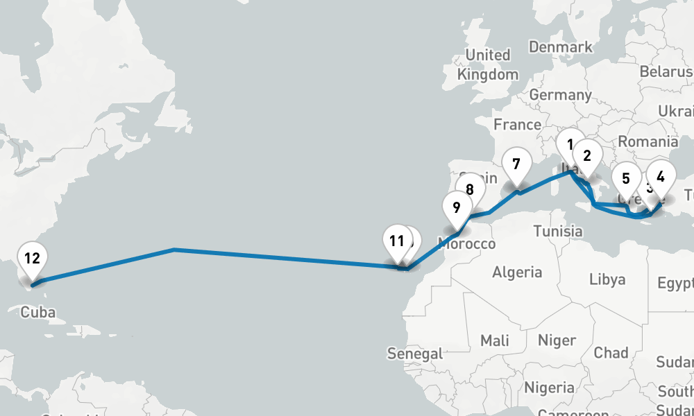 23 days, one-way from Civitavecchia-Rome to Fort Lauderdale 24日間