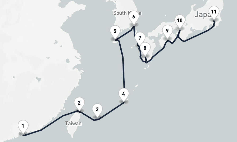 14 days, one-way from Hong Kong to Tokyo 15日間
