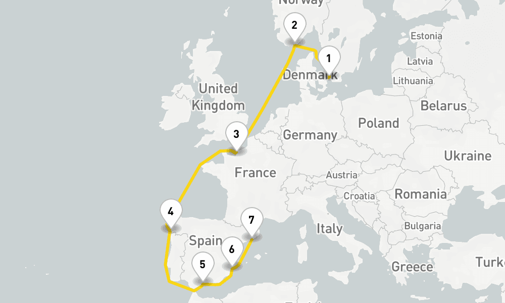 9 days, one-way from Copenhagen to Barcelona 10日間