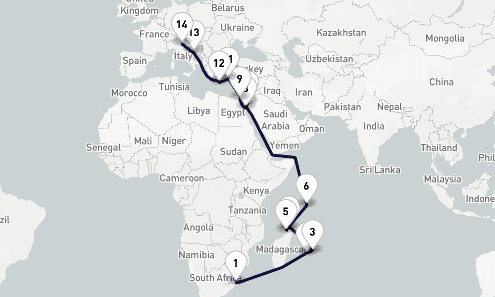 26 days, one-way from Durban to Venice 27日間