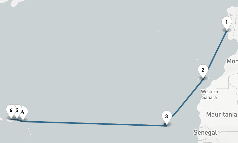 13 days, one-way from Lisbon to San Juan 14日間
