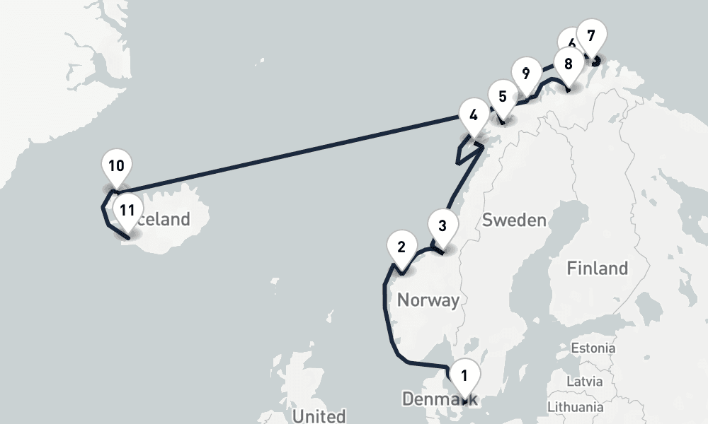 13 days, one-way from Copenhagen to Reykjavik 14日間