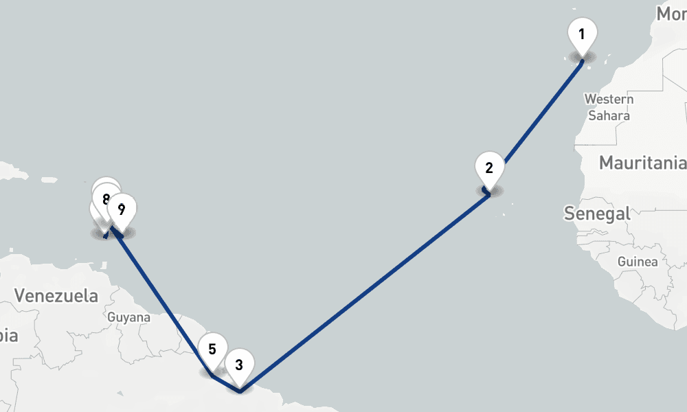 20 days, one-way from Santa Cruz de Tenerife to Bridgetown 21日間