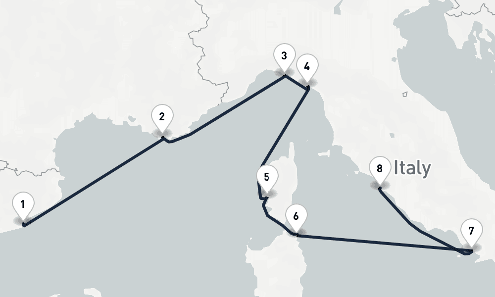 7 days, one-way from Barcelona to Civitavecchia-Rome 8日間