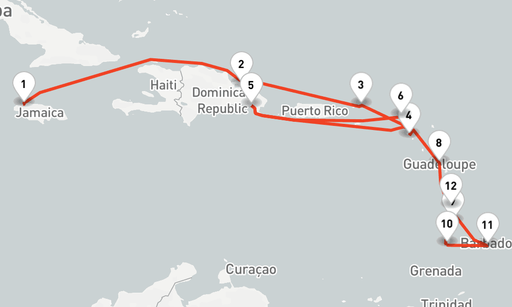 14 nights / 15 days, one-way from Montego Bay to Fort-de-France (Martinique)