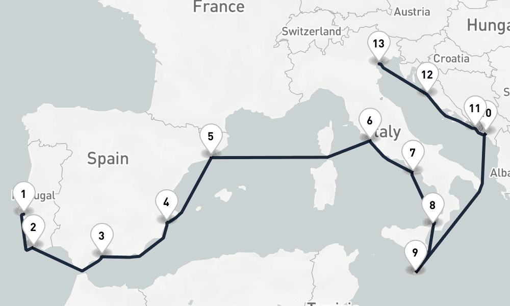 14 days, one-way from Lisbon to Venice 15日間