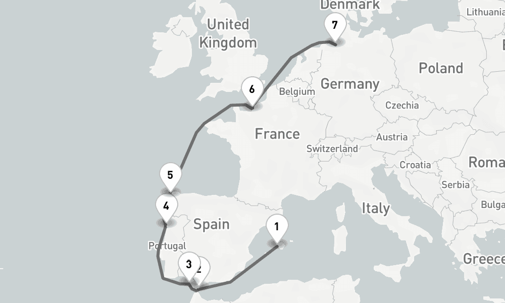 10 days, one-way from Palma de Mallorca to Bremerhaven 11日間