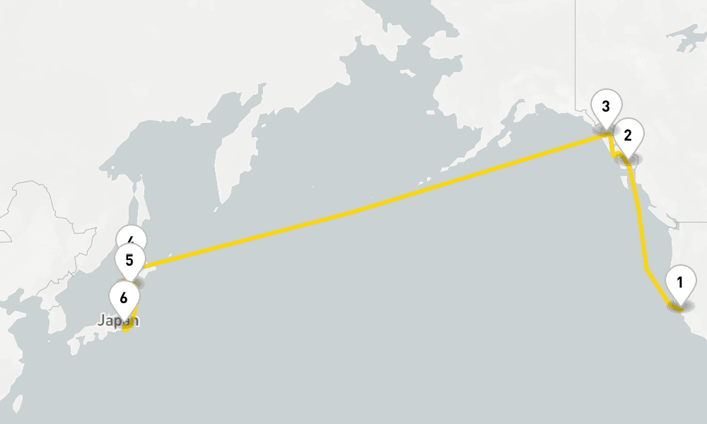 16 days, one-way from San Francisco to Tokyo 17日間
