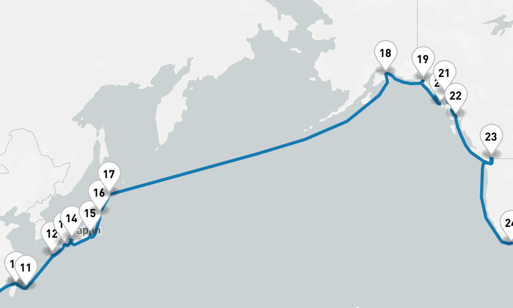 45 days, one-way from Singapore to Los Angeles 46日間
