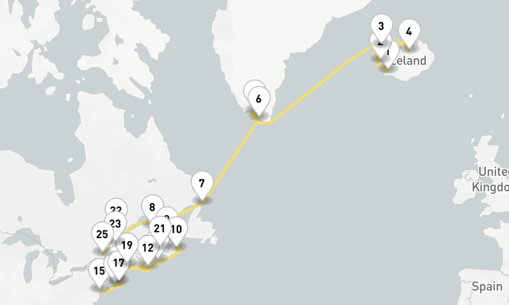 34 days, one-way from Reykjavik to Montreal 35日間