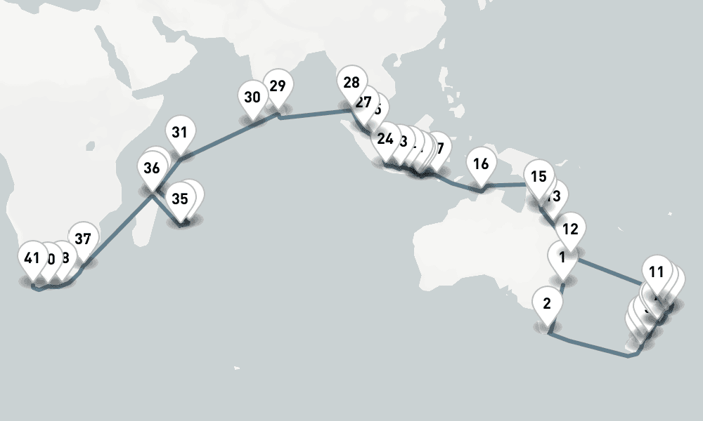 69 days, one-way from Sydney to Cape Town 70日間