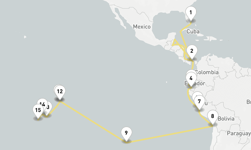 35 days, one-way from Miami to Papeete 36日間