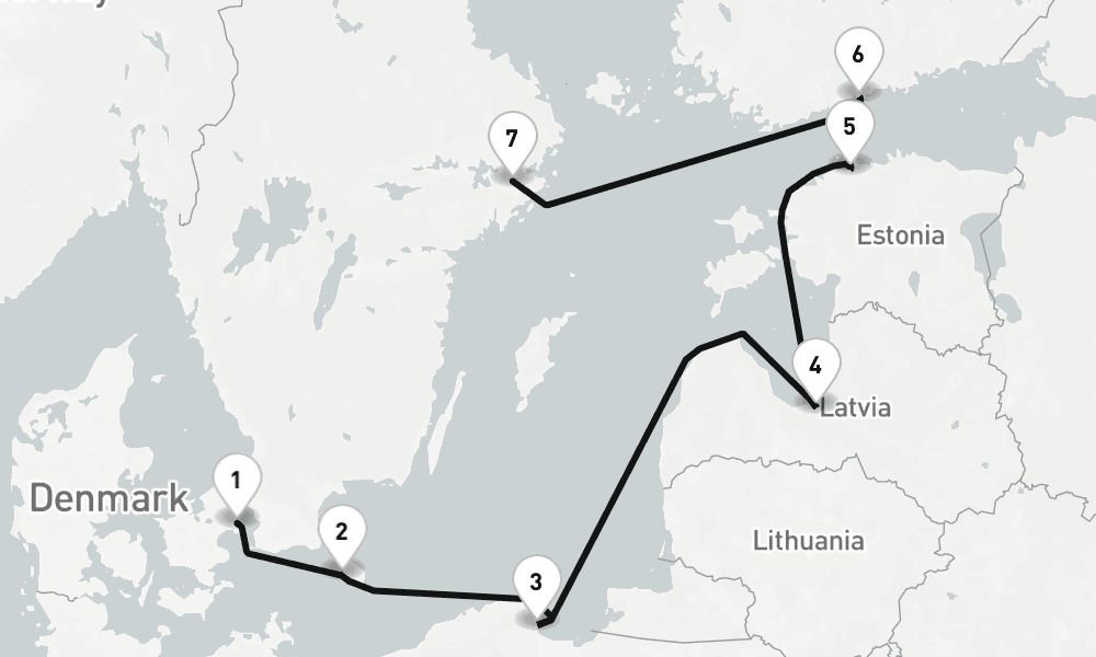 7 nights / 8 days, one-way from Copenhagen to Stockholm
