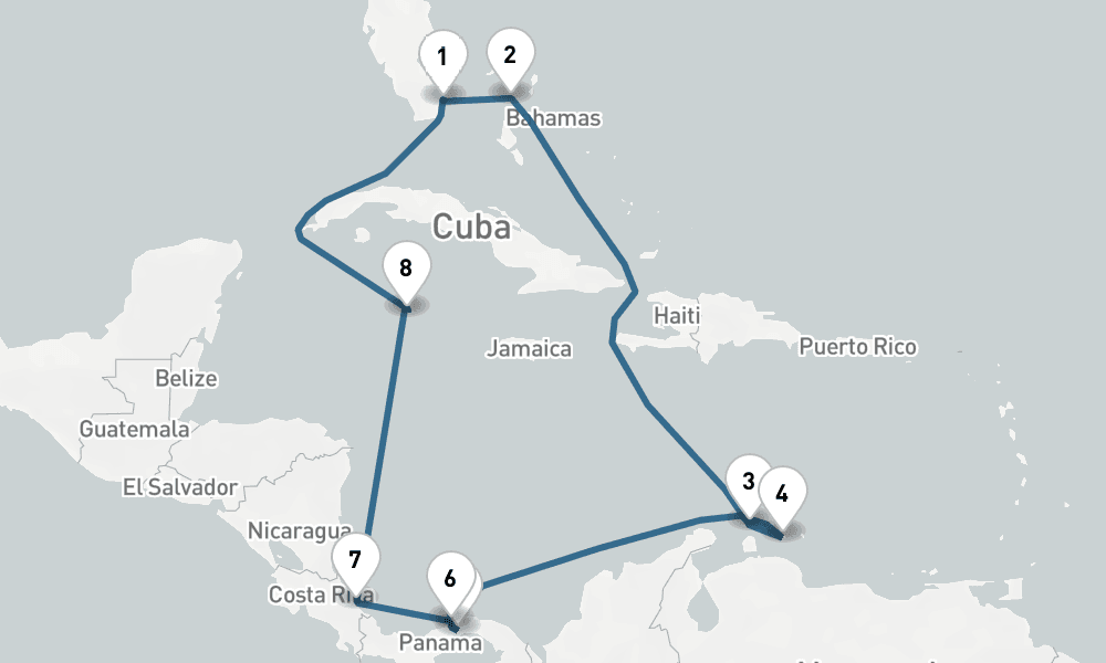 12 days, round-trip Panama Canal Round-trip Miami Bahamas Costa Rica 13日間