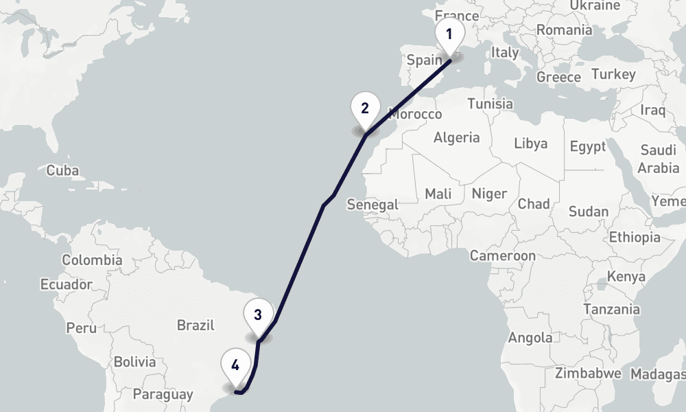 13 days, one-way from Tarragona to Rio de Janeiro 14日間