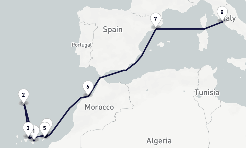 10 days, one-way from Las Palmas de Gran Canaria to Civitavecchia-Rome 11日間