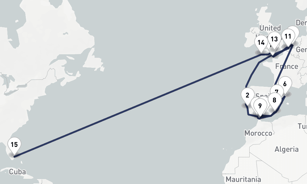 29 days, one-way from Rotterdam to Fort Lauderdale 30日間