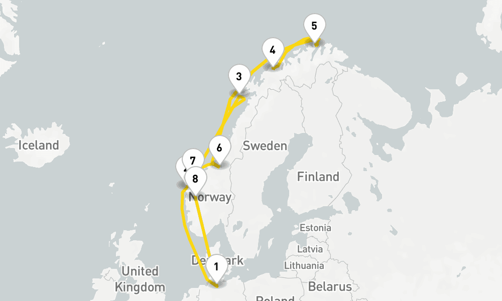 12 days, round-trip Northern Europe Fjords from Hamburg 13日間