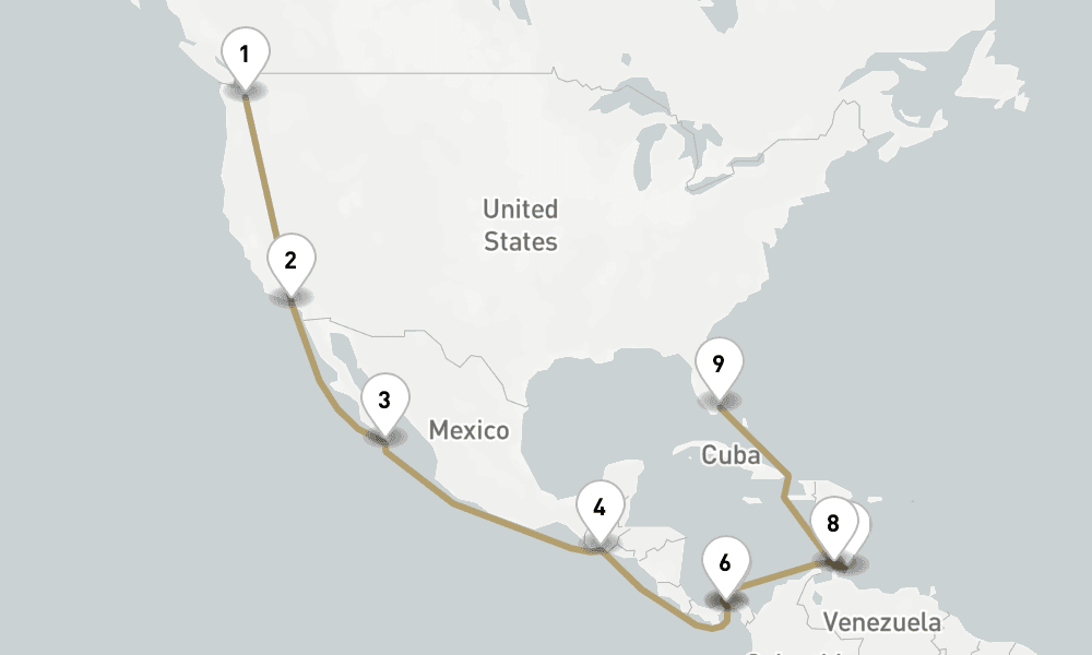 21 days, one-way from Seattle to Miami 22日間
