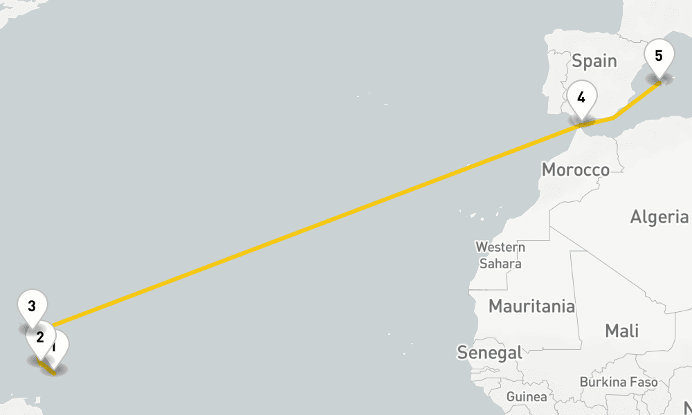 12 days, one-way from Bridgetown to Palma de Mallorca 13日間