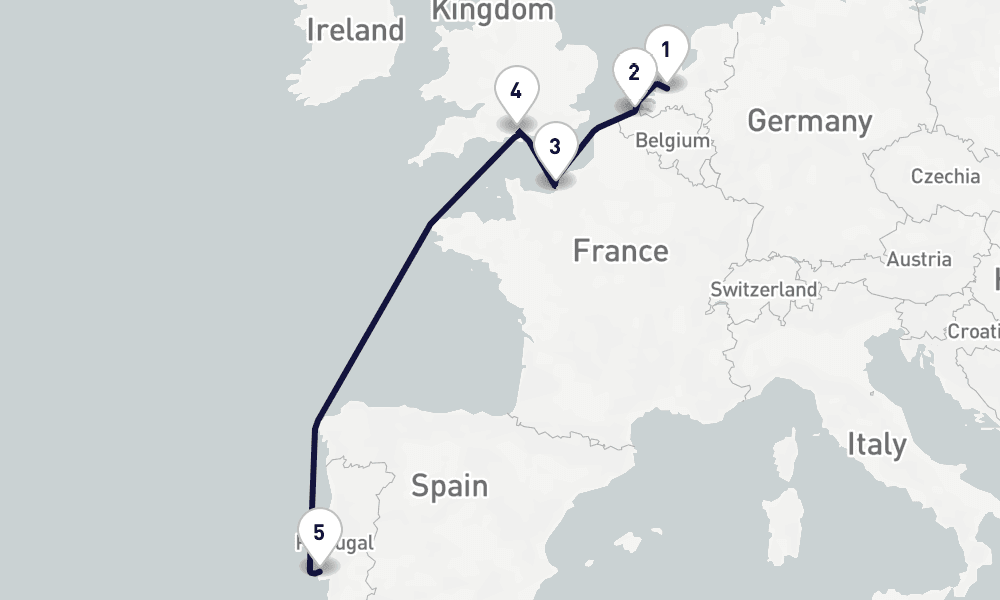 6 days, one-way from Rotterdam to Lisbon 7日間