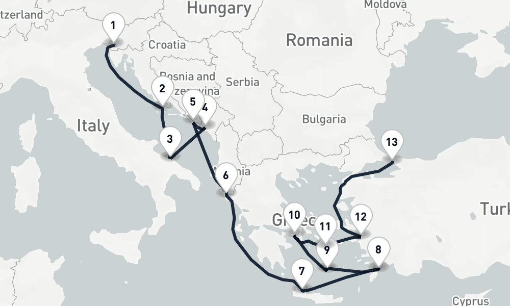 14 days, one-way from Trieste to Istanbul 15日間