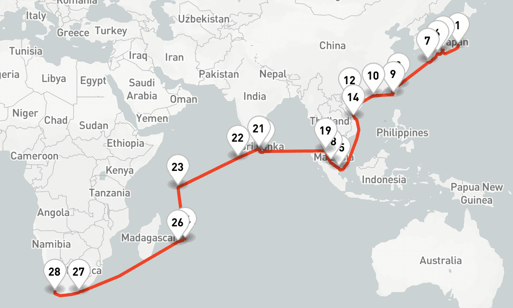 45 days, one-way from Yokohama to Cape Town 46日間