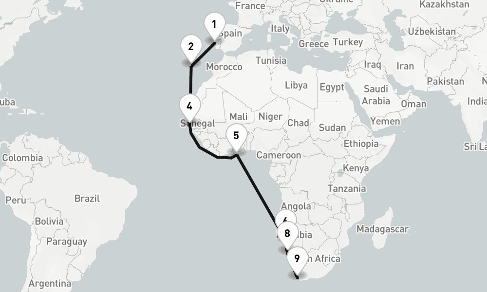 20 days, one-way from Lisbon to Cape Town 21日間