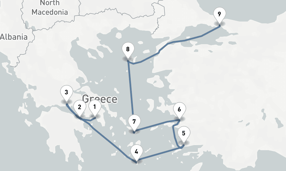 8 days, one-way from Piraeus-Athens to Istanbul 9日間