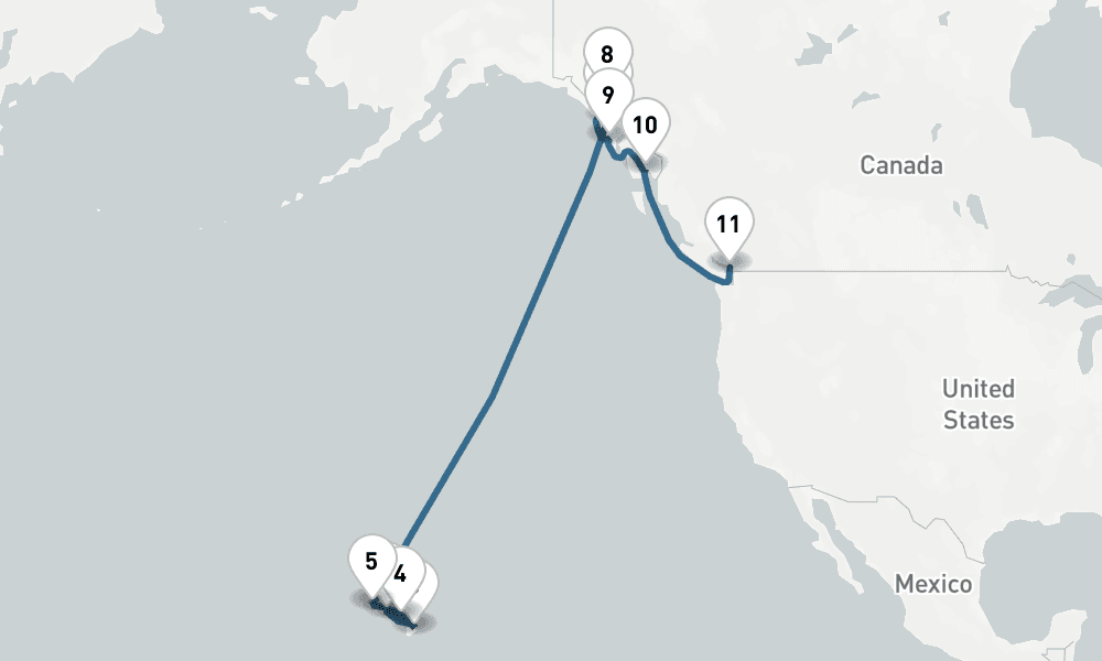 16 days, one-way from Honolulu to Vancouver 17日間