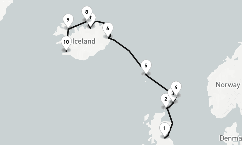 14 days, one-way from Leith-Edinburgh to Reykjavik 15日間