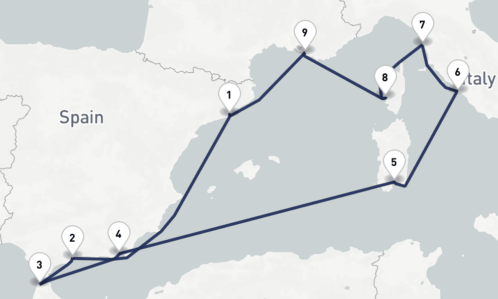 11 days, round-trip Western Mediterranean Spain, Italy France 12日間