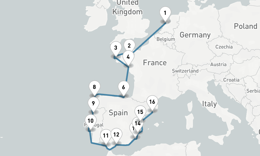 18 days, one-way from IJmuiden to Barcelona 19日間