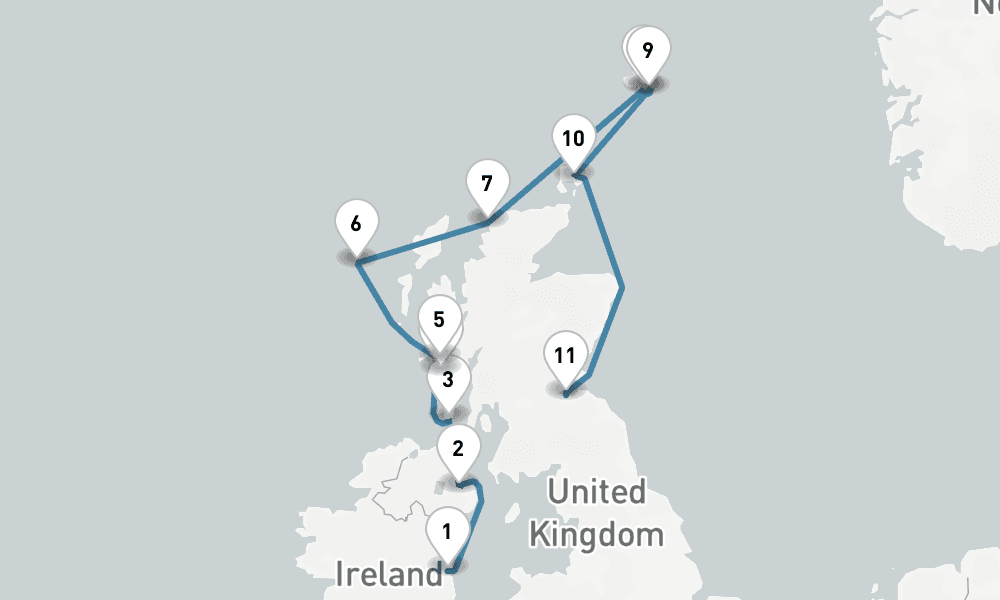 11 days, one-way from Dublin to Leith-Edinburgh 12日間