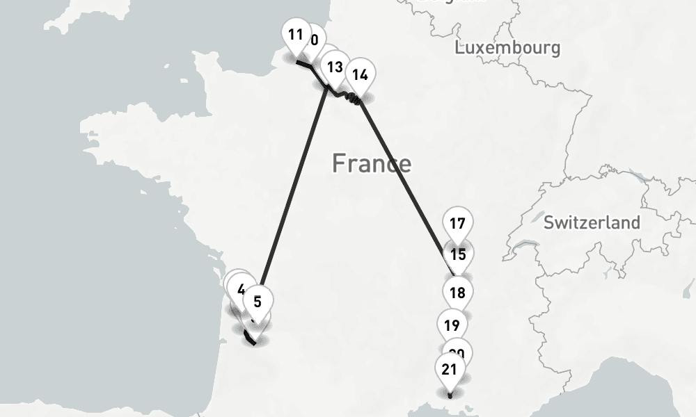 21 nights / 22 days, one-way from Bordeaux to Arles