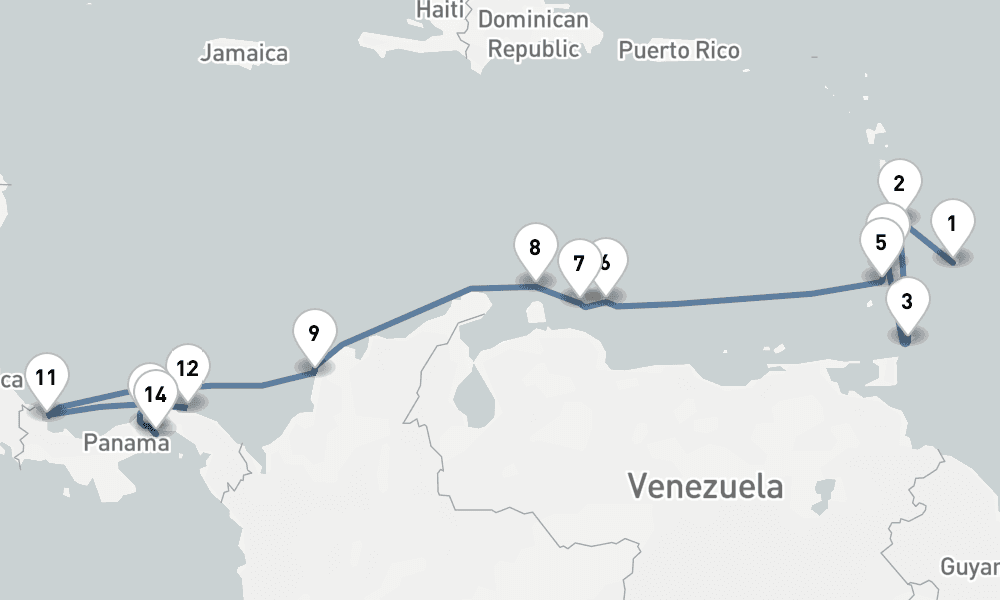 16 days, one-way from Bridgetown to Panama City 17日間