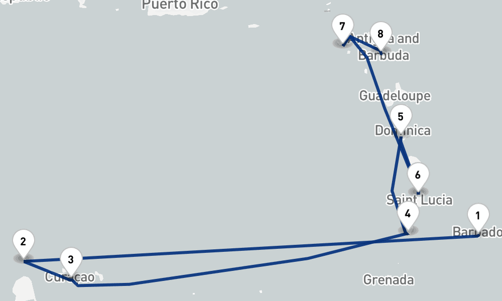 11 days, one-way from Bridgetown to St Johns Antigua 12日間