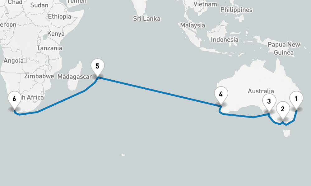22 days, one-way from Sydney to Cape Town 23日間