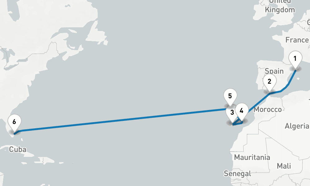 14 days, one-way from Barcelona to Fort Lauderdale 15日間