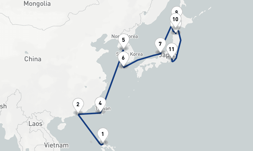 17 days, one-way from Manila to Yokohama 18日間