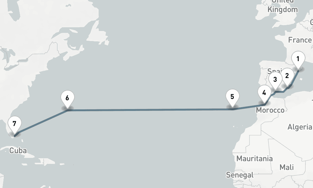 14 days, one-way from Barcelona to Miami 15日間
