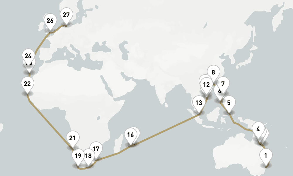 67 days, one-way from Sydney to Hamburg 68日間