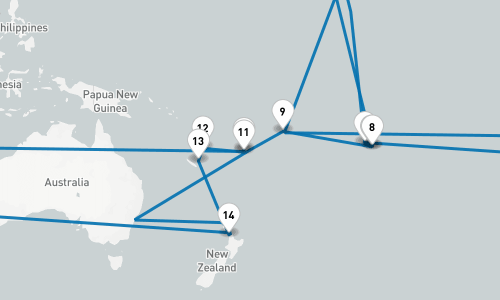31 days, one-way from Los Angeles to Auckland 32日間