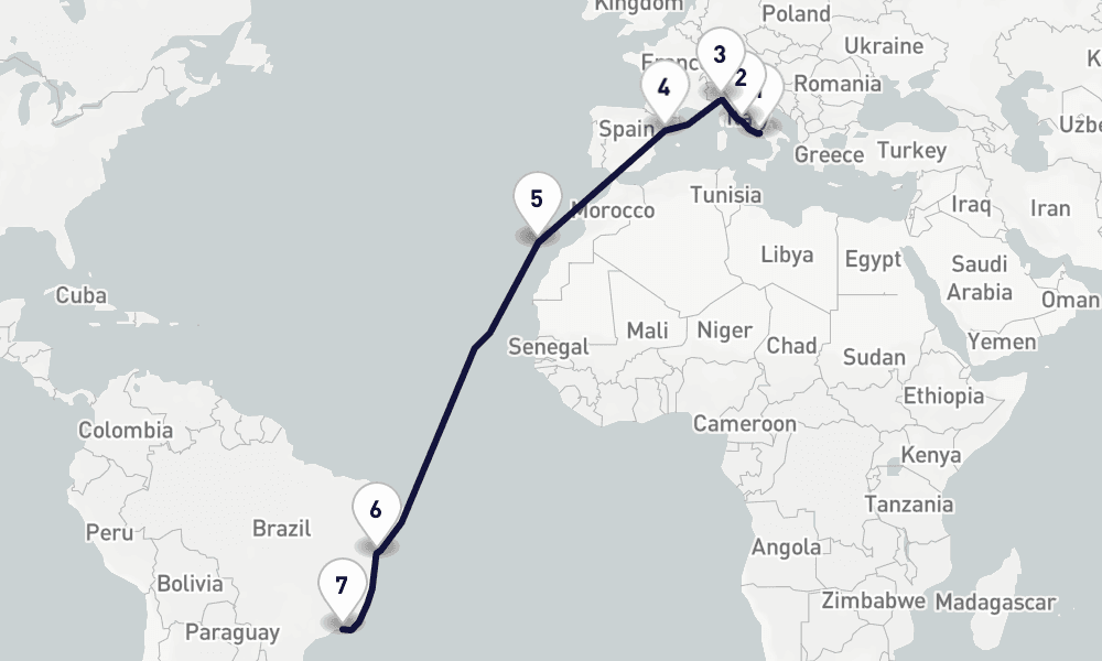 17 days, one-way from Naples to Rio de Janeiro 18日間