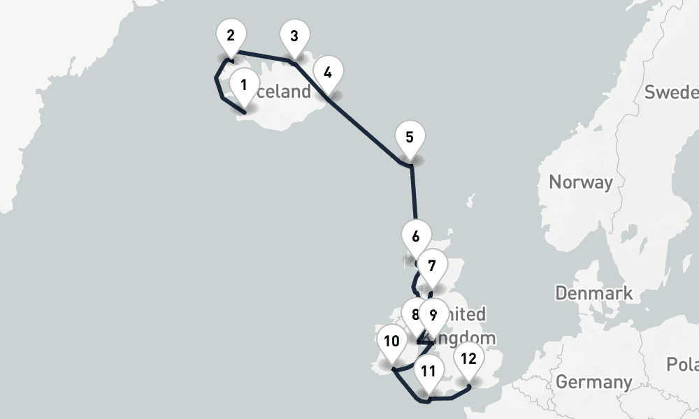 12 days, one-way from Reykjavik to Southampton 13日間