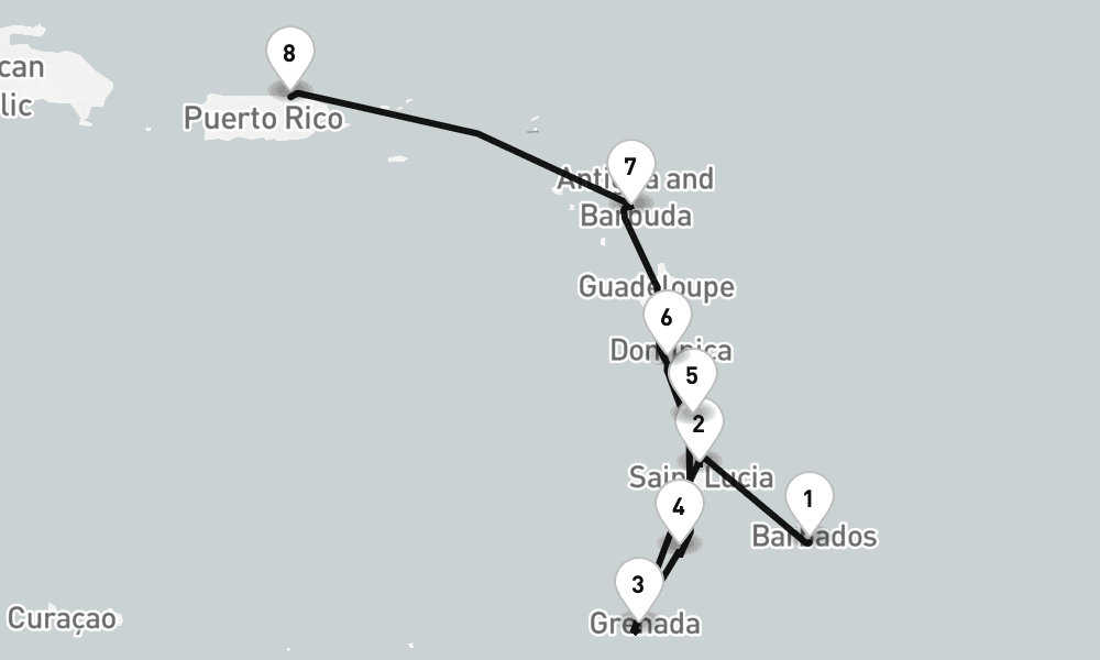 8 days, one-way from Bridgetown to San Juan 9日間