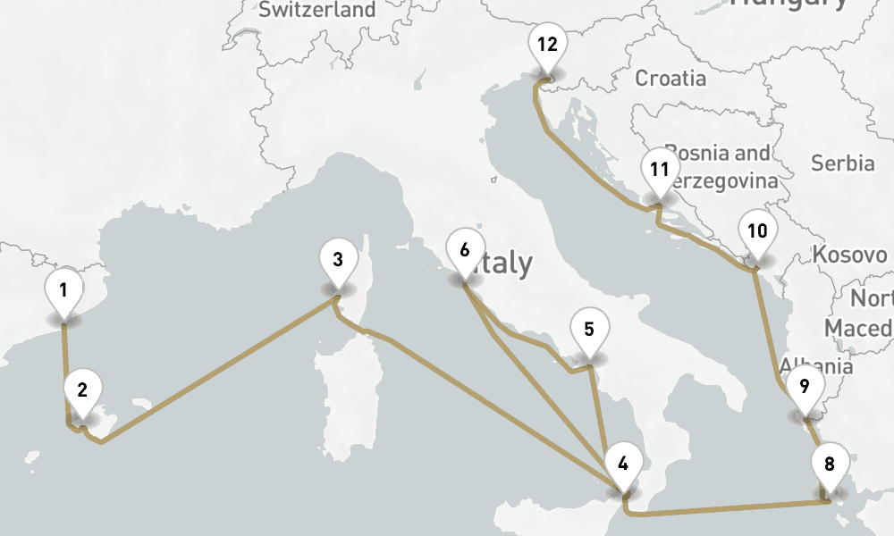 14 days, one-way from Barcelona to Trieste 15日間
