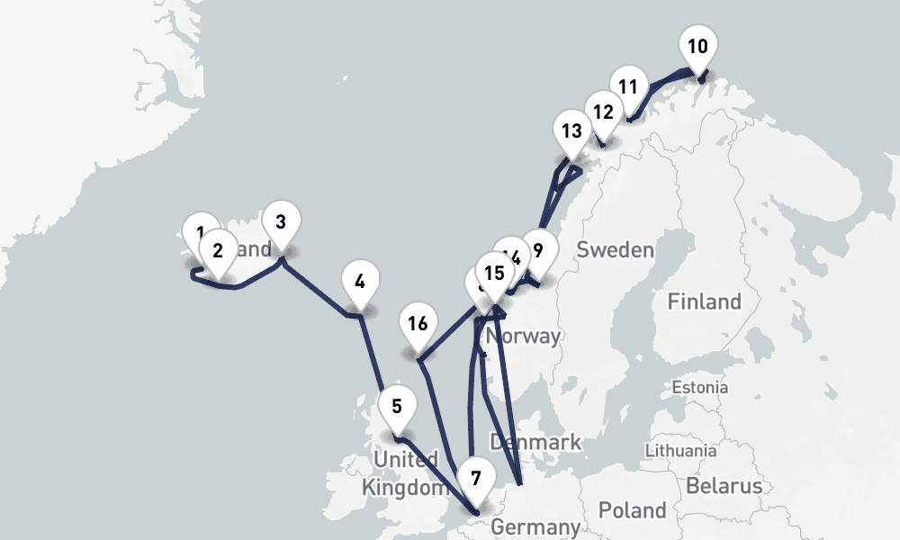 21 days, one-way from Reykjavik to Rotterdam 22日間