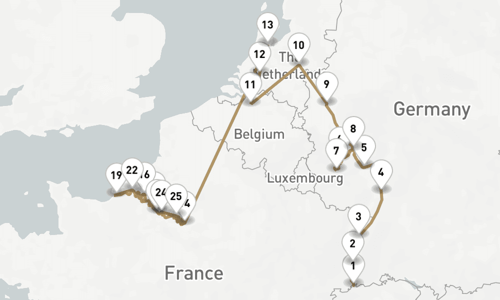 24 nights / 25 days, one-way from Basel to Paris